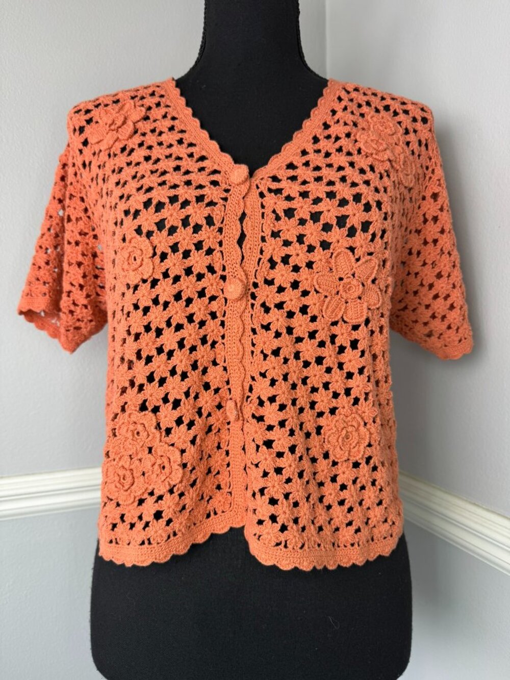 APRIL CORNELL L Orange Vintage Knit Crochet Floral Cardigan Whimsy Cottagecore